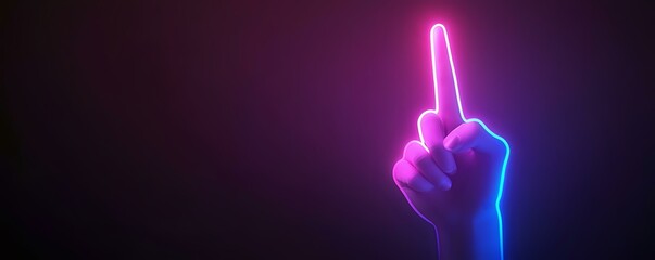 Glowing neon hand gesture showing index finger pointing up against dark background with purple and blue gradient lighting effects, modern minimal design.