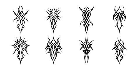 Vector art of collection of eight bold tribal tattoo designs in black and white, set of tattoo design on white background