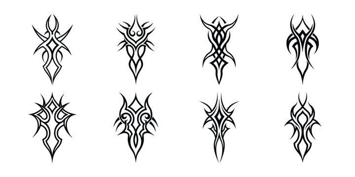 Vector art of collection of eight bold tribal tattoo designs in black and white, set of tattoo design on white background