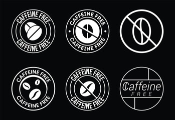 Collection of white caffeine free icons and symbols on a black background