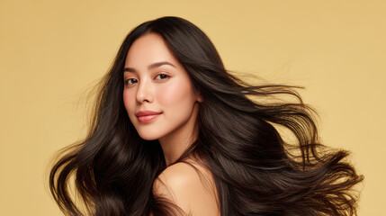 Radiant Beauty with Flowing Hair: A captivating portrayal of a woman with long, lustrous black hair cascading around her, embodying elegance, grace, and the allure of natural beauty.