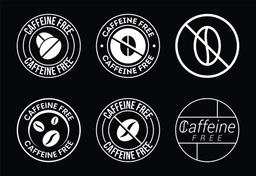Collection of white caffeine free icons and symbols on a black background