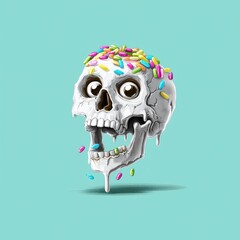 A stylized skull with large eyes and colorful candy sprinkles on top. The skull appears to be melting, set against a bright turquoise background.