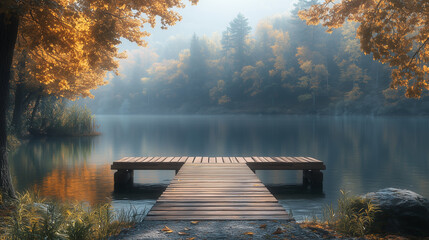 Clear sky over forest lake with rustic dock, calm water reflecting sunlight, surrounded by greenery and mountain serenity