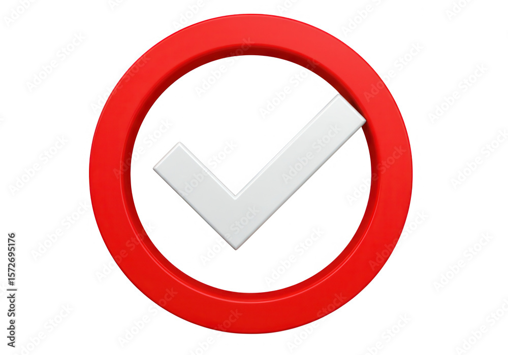 Poster a red circle frames a white check mark, symbolizing a validated or approved selection in 3d isolated
