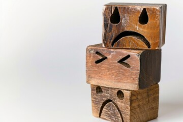 Stacked wooden blocks with expressive faces depicting a range of emotions