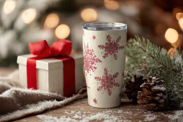 Winter Tumbler with Snowflake Design and Gift Box: Festive close-up of a snowflake-patterned insulated tumbler alongside a beautifully wrapped gift, a testament to the cozy warmth of winter.