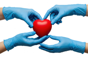 Four hands in blue gloves cradle a red heart, symbolizing medical care and support isolated on transparent background
