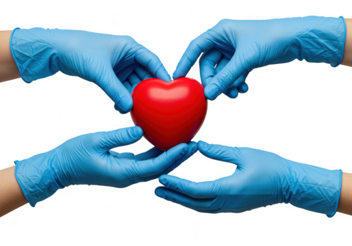 Four hands in blue gloves cradle a red heart, symbolizing medical care and support isolated on transparent background