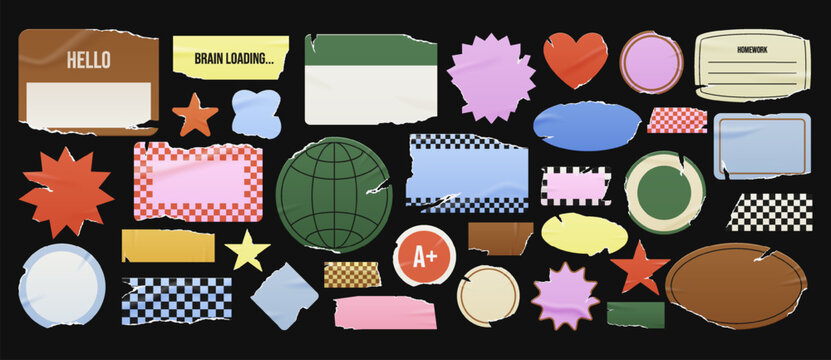 Ripped and wrinkled blank sticker labels, starbursts, checkered badges, name tag with torn edges. Grunge school planner graphics or retro punk notebook doodle tags for scrapbook, collage.