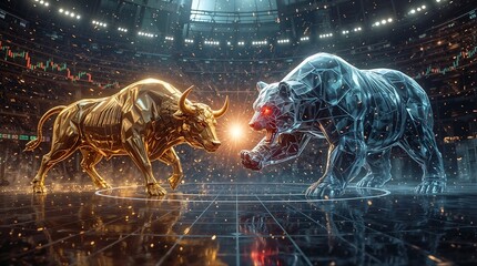 Bitcoin Bull vs. Crypto Bear – Epic Clash in Futuristic Digital Arena (Symbolic Battle of Market Forces)