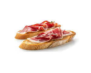 Iberian ham toast on a white background