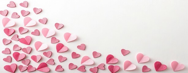 Scattered pink paper hearts on a white surface arranged in the corner of the frame for valentines day