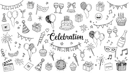 Doodle sketch vector illustration of celebration-themed items with the word "Celebration" on transparent background for festive design