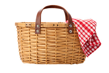 Wicker picnic basket with red checkered napkin on transparent background