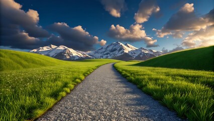 Obraz premium Serene Sunset Path: Rolling Green Hills and Snow-Capped Mountains Landscape Photography