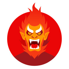 Cyber-demon with fiery hair and fanged grin, snarling over a red backdrop in a bold and aggressive esports logo format.