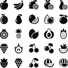Collection of assorted fruit icons in a silhouette style isolated on transparent background