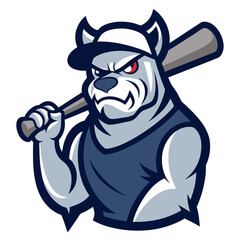 Heavy bulldog with cap and spiked bat in jaw, drawn in retro comic style with gritty vector shadows for intense logo presence.