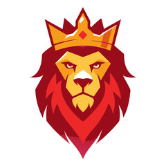 Lion head roaring beneath a golden crown with ruby eyes, forming a royal crest with rich gradients and sharp vector edges.