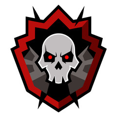 Pixelated skull emblem in a gothic crimson shield, surrounded by digital shards for a hardcore vector esports look.