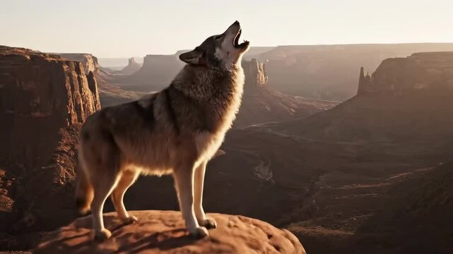 wolf animations - A lone wolf stands majestically atop a rocky outcrop, overlooking a vast canyon landscape at sunset, showcasing the beauty of nature and wildlife