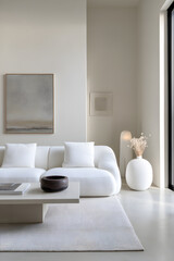 Fototapeta premium Tranquil Elegance: A Minimalist White Living Room Embracing Modern Simplicity and Natural Light
