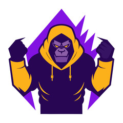 Robotic gorilla in yellow hoodie, flexing over a cracked sci-fi background with HUD overlays in violet and orange.