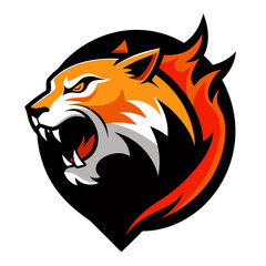 Roaring tiger lunging from the right with claws extended and fire-lined back, set within an orange-black esport crest.