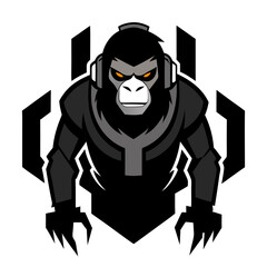 Urban techno-ape mascot with mechanical limbs and glowing eyes, styled in streetwear with glitch-effect logo framing.