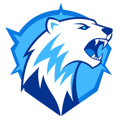 White ice bear roaring upward with blue fur details and snowflake crest, stylized in high-contrast esport vector format.