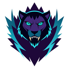 Cyan-eyed panther emerging from shadows with tribal backdrop and electric color tones for a powerful team logo.