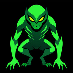 Neon green alien creature crouched in stealth with glowing features, set against a sci-fi vector backdrop for team branding.