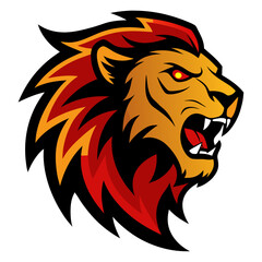 Roaring lion with stylized mane, golden highlights, and glowing red eyes, crafted with heavy contrast and sharp vector lines.