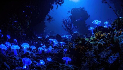 Fototapeta premium Underwater dreamscape: Bioluminescent jellyfish garden in the deep ocean abyss