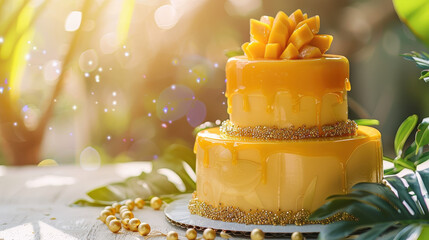 Mango Cake Delight: A two-tiered mango cake, crowned with intricately arranged mango slices, glistens invitingly. Sunlight gently caresses the cake.