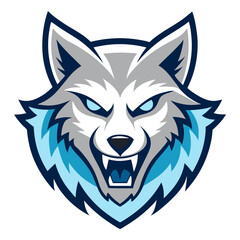 Aggressive grey wolf mascot head with fierce blue eyes and jagged fur