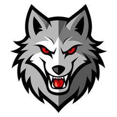Fierce grey wolf head with glowing red eyes and bared teeth