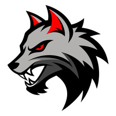 Snarling red-eyed wolf with flowing stylized fur and clean vector edges for a powerful team logo.
