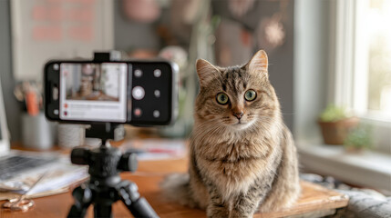 Cat Content Creator: An endearing cat is the star of the show, poised in front of a smartphone camera on a tripod, capturing its image for social media content creation.
