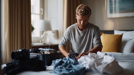 Man organizing clothes on bed in modern hotel room while packing for trip in mid-morning light