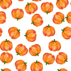 Pumpkin. Watercolor seamless pattern with bright orange pumpkins isolated on white. For seasonal packaging, wrapping paper, poster, fabric print, banner, scrapbook, postcards, fall design, farm market