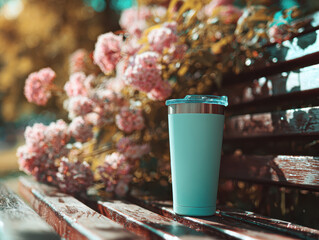 The Serene Sip: A tranquil still life showcases a stylish tumbler resting serenely on a weathered bench. In the background, a vibrant array of soft pink blossoms adds a touch of nature's beauty.