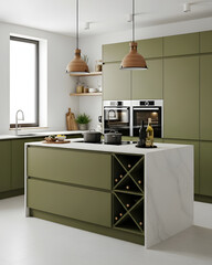 Modern green kitchen interior with white marble island, built-in appliances, and Scandinavian design in natural daylight