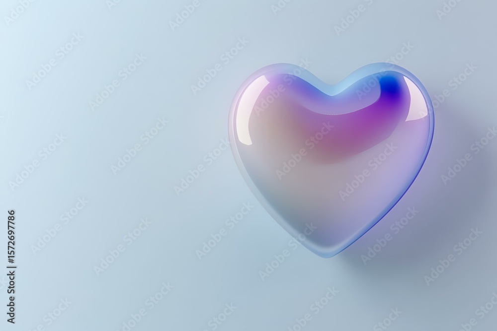 Poster glossy iridescent heart shape with holographic gradient colors on light background, casting soft sha