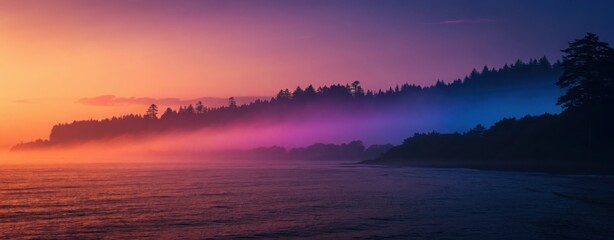 A tranquil scene of a forested shoreline at sunset with colorful fog and water landscape view