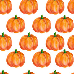 Pumpkin. Watercolor seamless pattern with bright orange pumpkins isolated on white. For seasonal packaging, wrapping paper, poster, fabric print, banner, scrapbook, postcards, fall design, farm market