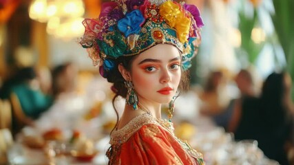 Woman in bohemian dress and face mask, wearing colorful jewelry, at a festive event. Red lipstick adds to the striking appearance.