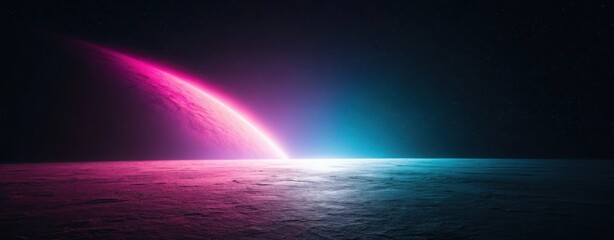Alien planet surface bathed in neon pink and blue light under starry sky