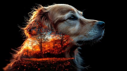 Golden retriever profile with autumn forest double exposure effect against black background, glowing orange sunset through trees creates mystical silhouette.
